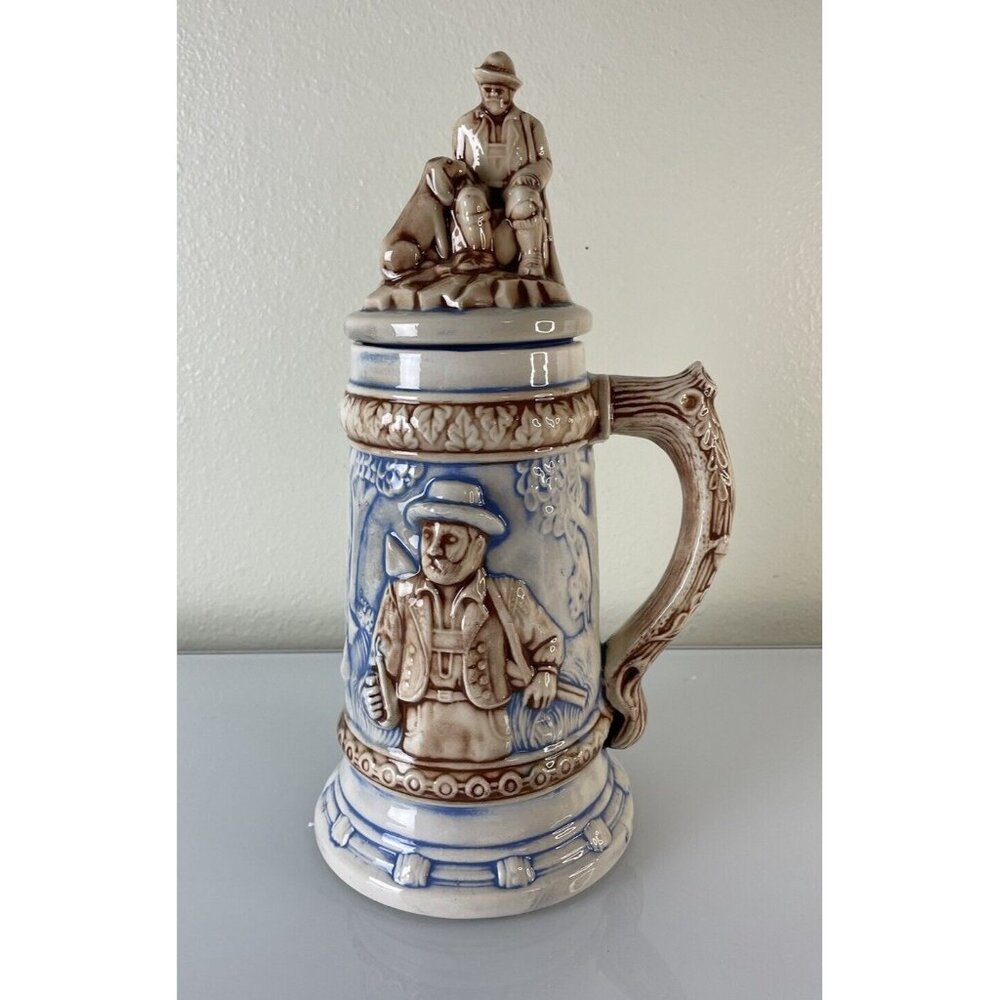 Vintage Hand Painted Ceramic German Deer Stein W/ Man & Dog Lid Brown Blue 12.5”
